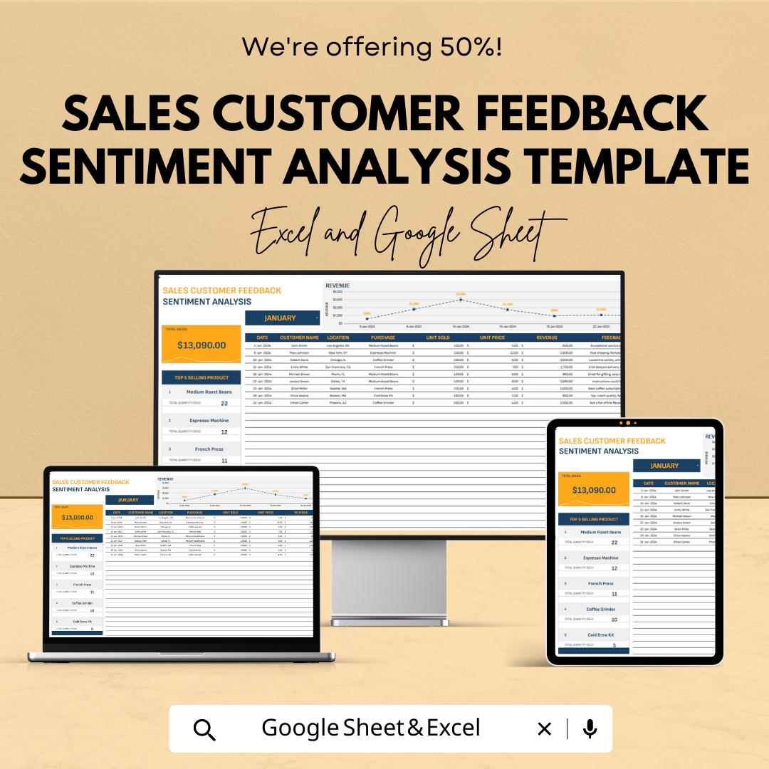 Sales Customer Feedback Sentiment Analysis Template, Customer Review Tracker, Business Analytics Spreadsheet