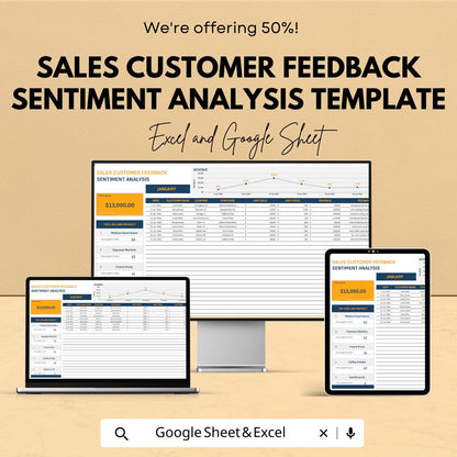 Sales Customer Feedback Sentiment Analysis Template, Customer Review Tracker, Business Analytics Spreadsheet