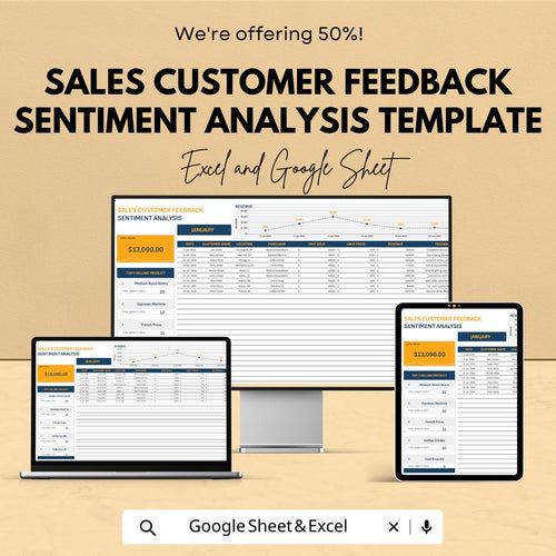 Sales Customer Feedback Sentiment Analysis Template, Customer Review Tracker, Business Analytics Spreadsheet