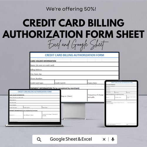 Credit Card Billing Authorization Form - Excel & Google Sheets Template - Instant Download, Editable, Business Payment Authorization