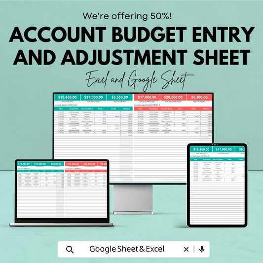 Account Budget Entry & Adjustment Sheet | Automated Calculations | Real-Time Budget Tracking | Financial Planner Spreadsheet