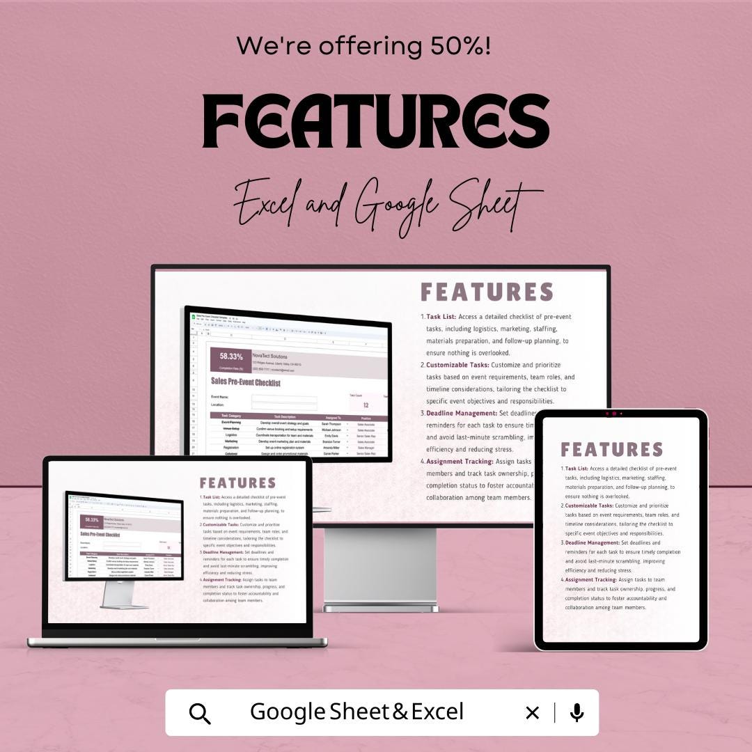 Sales Pre-Event Checklist Template, Event Planning Tracker, Sales Event Organizer, Task Management Sheet, Excel and Google Sheets