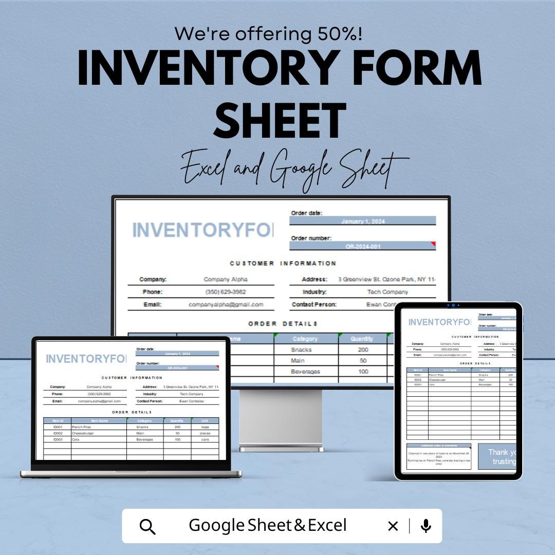 Inventory Form Sheet - Excel & Google Sheets Template for Efficient Order Tracking and Inventory Management