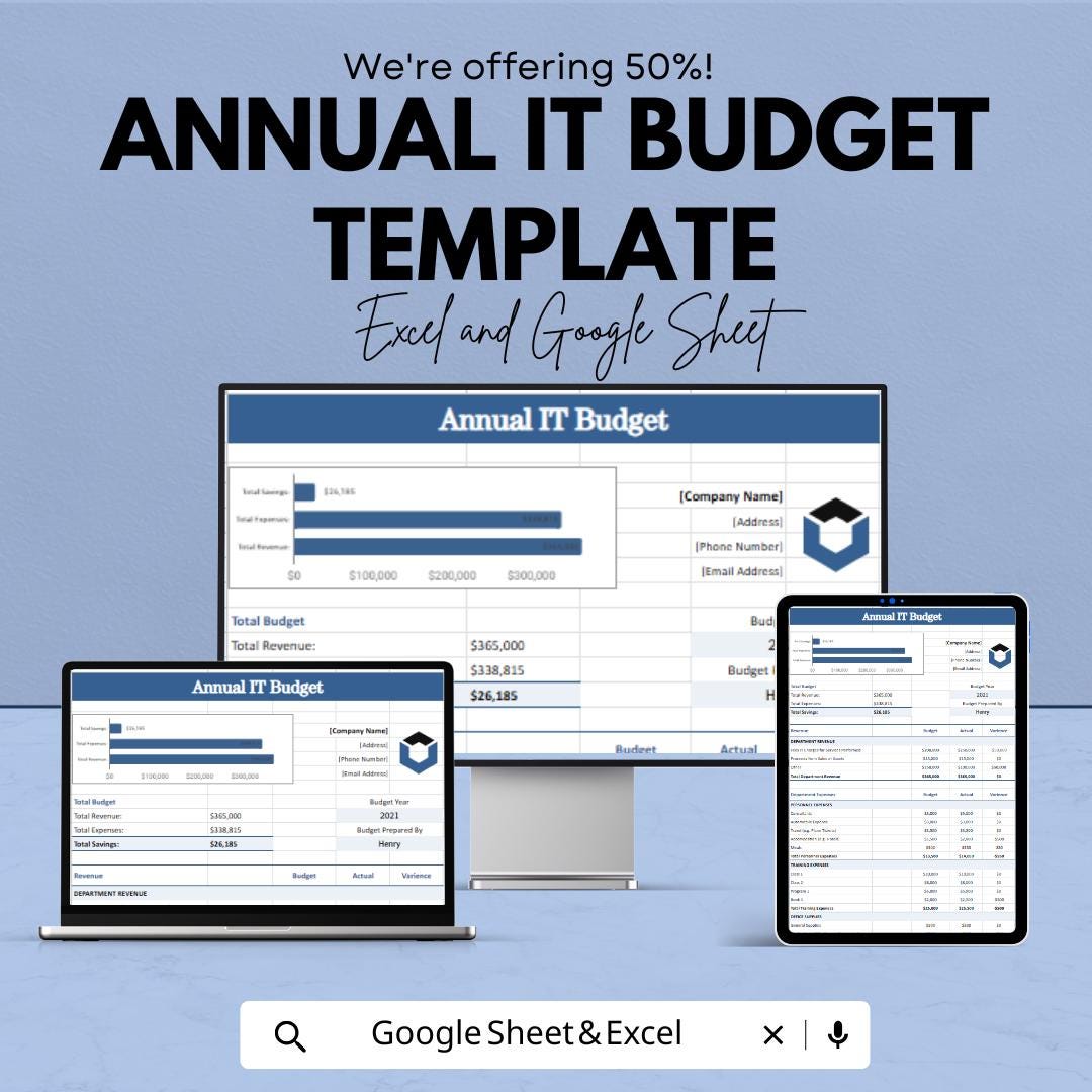 Annual IT Budget Template | IT Budget Spreadsheet | Excel & Google Sheets | Technology Expense Tracker | Business Budget Planner