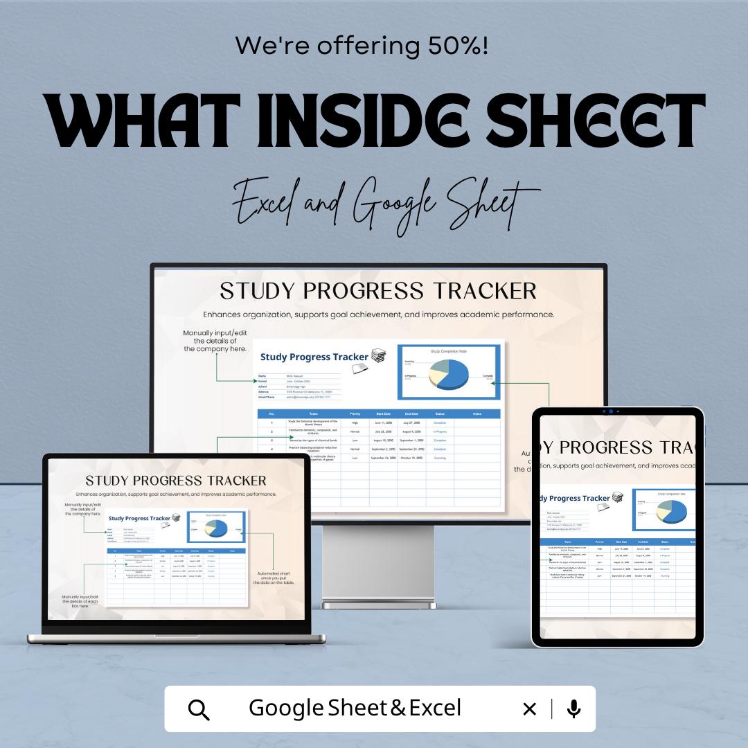Study Progress Tracker Template | Student Study Planner | Study Tracker Spreadsheet | Academic Progress Tracker