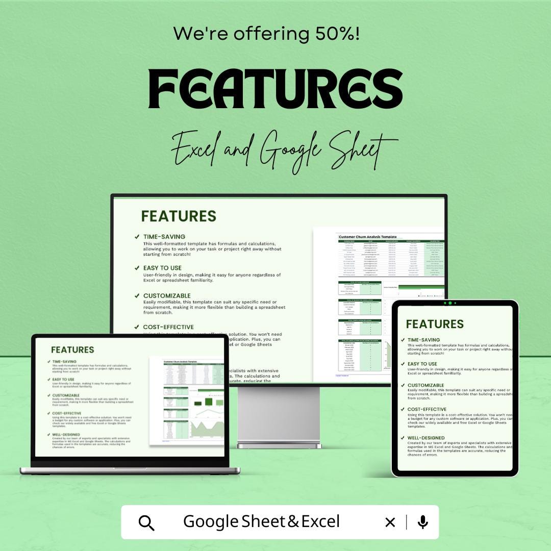 Customer Churn Analysis Template | Excel & Google Sheets Churn Dashboard | Retention and Customer Analytics Spreadsheet