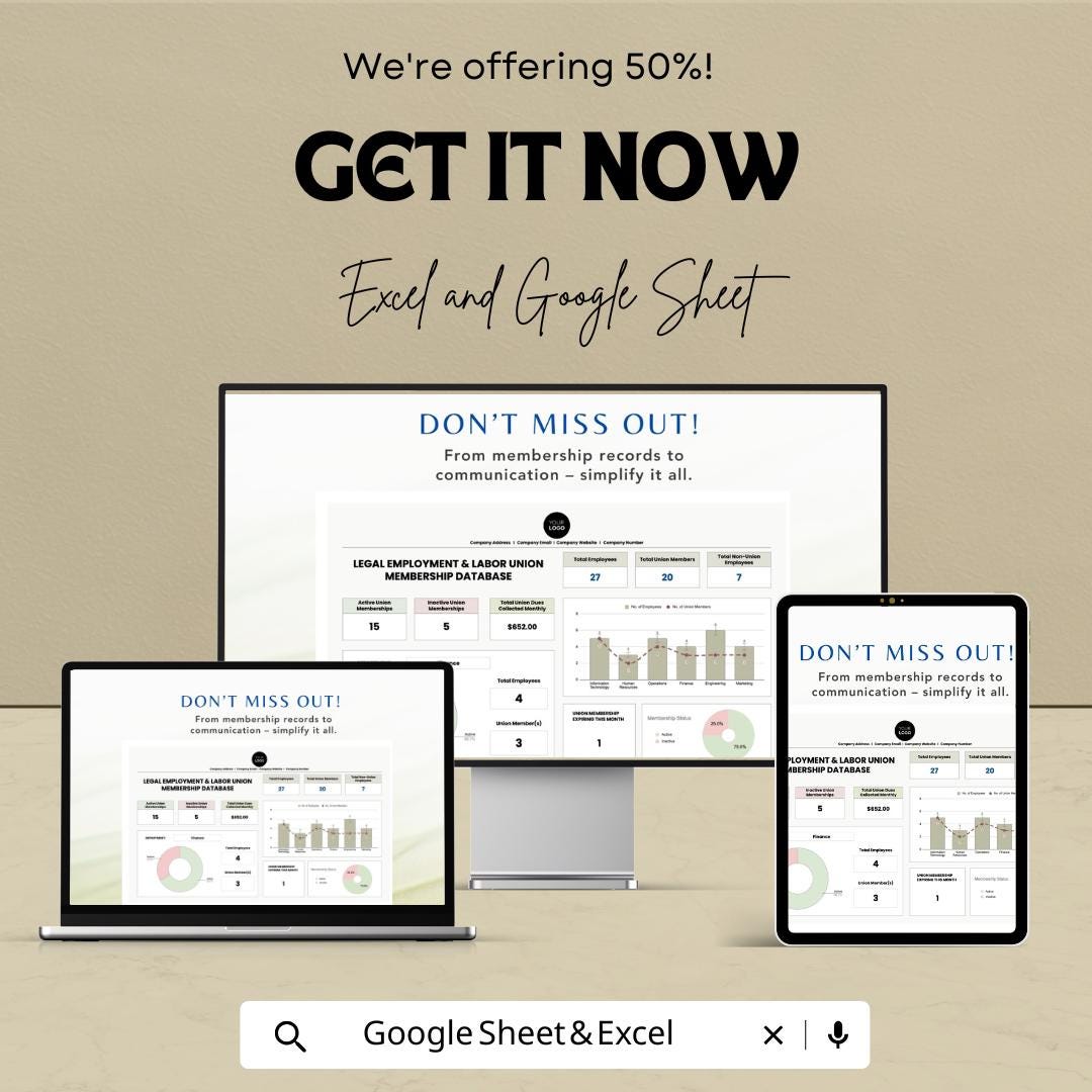 Union Membership Database, Employee Union Tracker, HR Membership Spreadsheet, Labor Union Log, Member Management Template,
