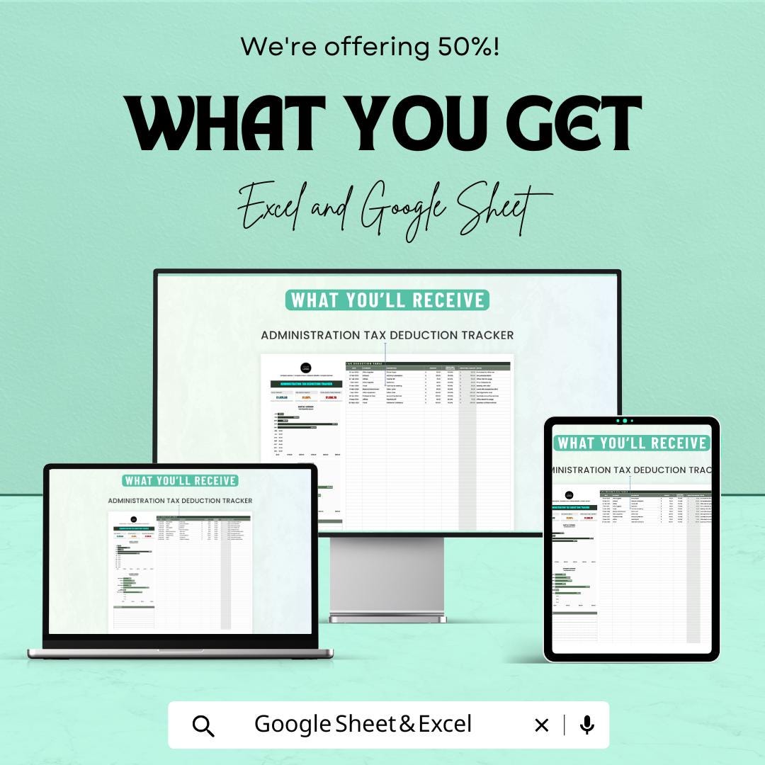 50% OFF - Administration Tax Deduction Tracker Sheet - Excel & Google Sheets | Manage Tax Deductions and Expenses | Tax Filing Template |