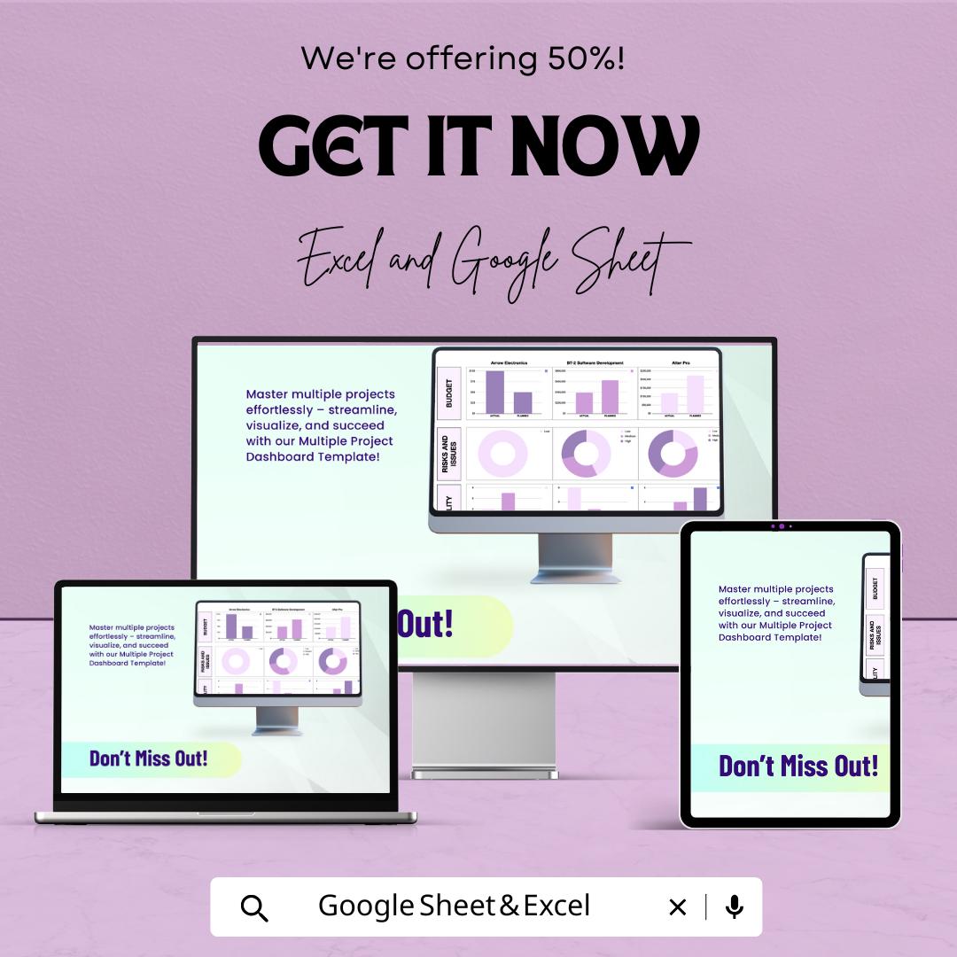 Multiple Project Dashboard Sheet - Google Sheets | Project Management Template | Budget and Progress Tracker | Resource Allocation | 50% OFF