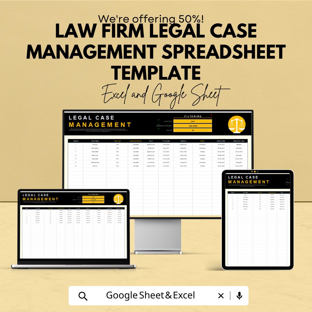 Law Firm Case Management Spreadsheet, Legal Case Tracker, Attorney Case Log, Client & Court Tracking, Law Office Organizer