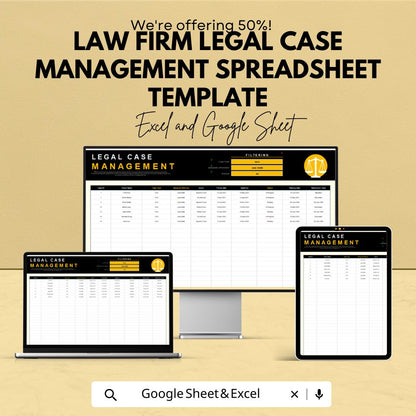 Law Firm Case Management Spreadsheet, Legal Case Tracker, Attorney Case Log, Client & Court Tracking, Law Office Organizer