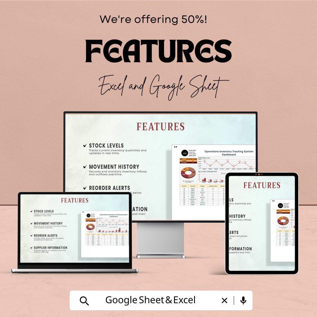 Operations Inventory Tracking System Template | Stock Management Dashboard | Inventory Control Tracker | Business Spreadsheet