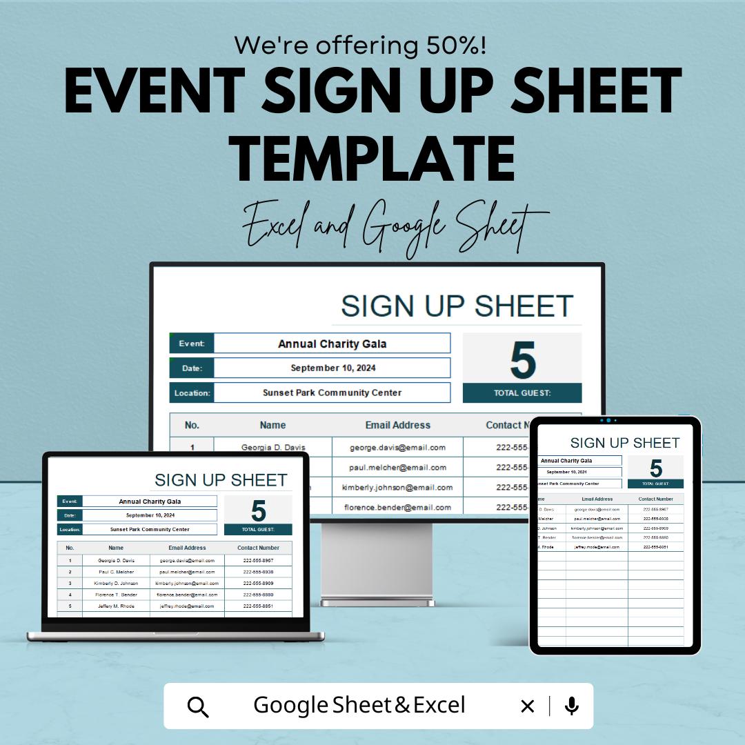 Event Sign Up Sheet Template | Event Registration Form | Attendance Tracker | Excel & Google Sheets
