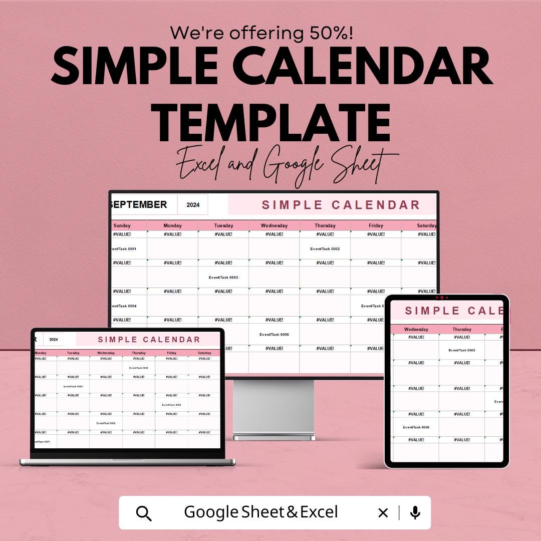 Simple Calendar Template | Excel & Google Sheets | Monthly Planner | Editable Calendar | Printable Planner | Schedule Organizer
