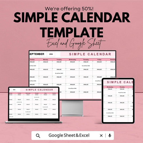 Simple Calendar Template | Excel & Google Sheets | Monthly Planner | Editable Calendar | Printable Planner | Schedule Organizer