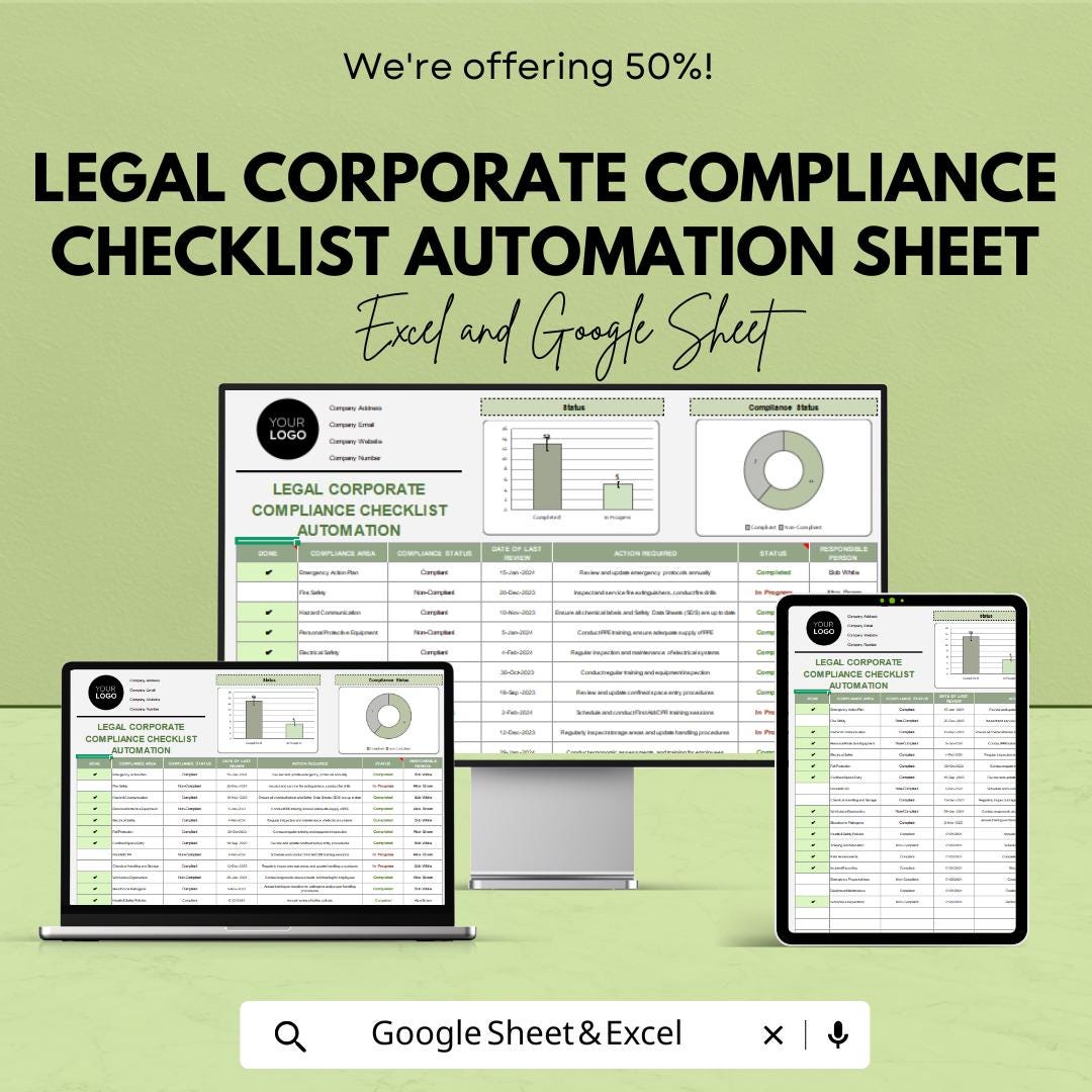 Legal Corporate Compliance Checklist Automation Sheet - Google Sheet & Excel Template for Legal Compliance Tracking and Risk Management