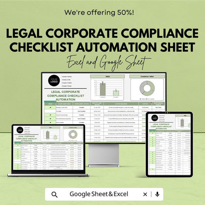 Legal Corporate Compliance Checklist Automation Sheet - Google Sheet & Excel Template for Legal Compliance Tracking and Risk Management