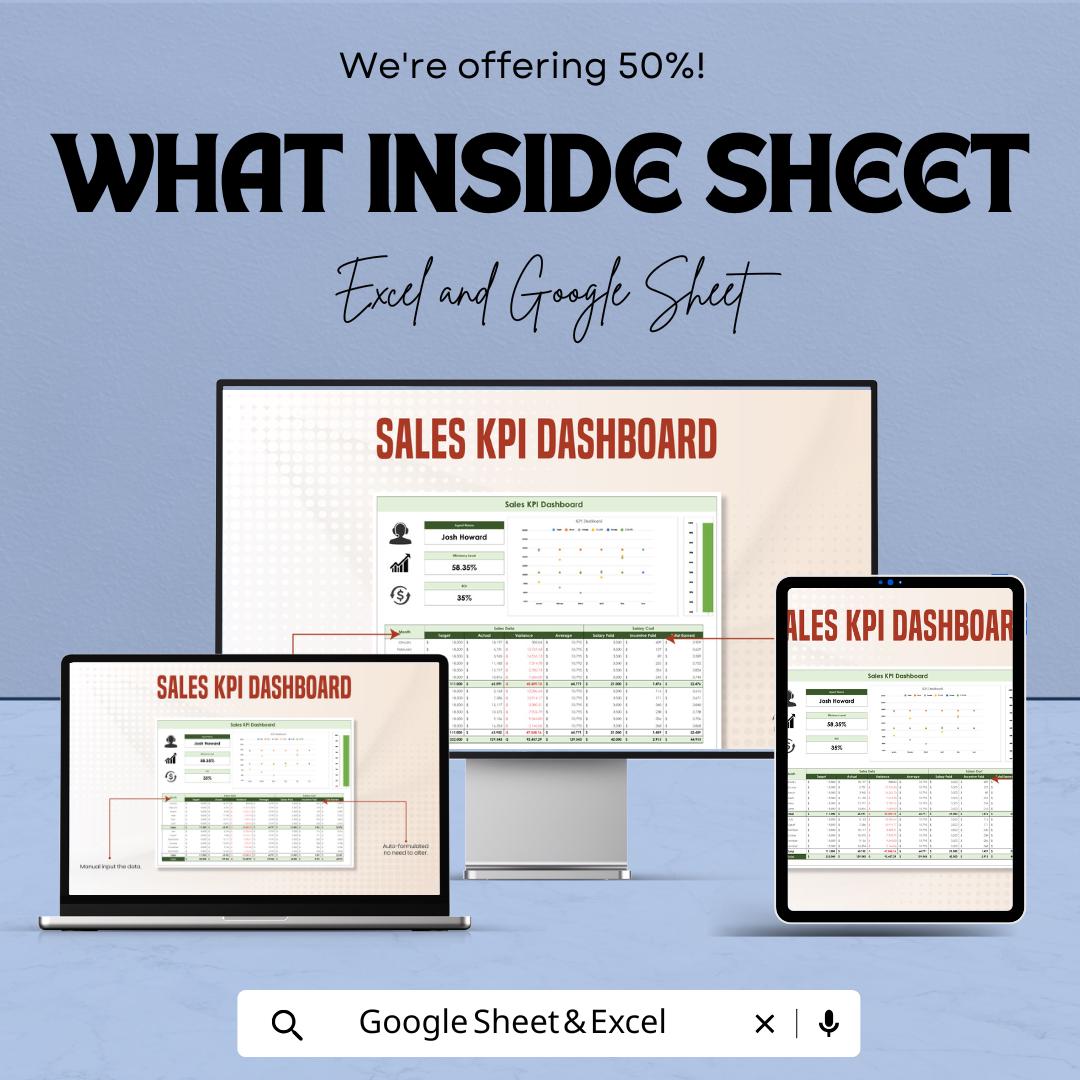 Sales KPI Dashboard Template | Excel & Google Sheets | Sales Performance Tracker | Sales Metrics Spreadsheet | Editable Dashboard