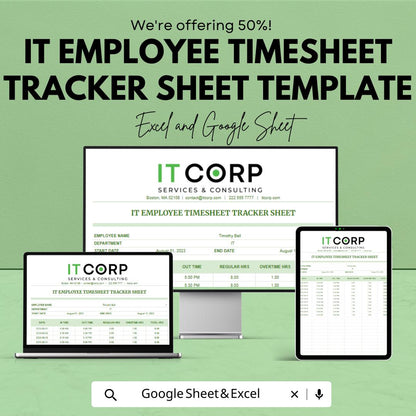 IT Employee Timesheet Tracker Template Excel Google Sheets, Work Hours Tracker Spreadsheet, Employee Time Log, IT Staff Time Tracking Sheet