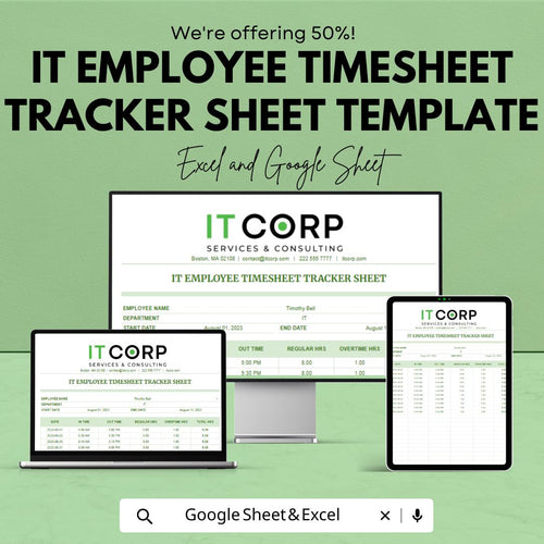 IT Employee Timesheet Tracker Template Excel Google Sheets, Work Hours Tracker Spreadsheet, Employee Time Log, IT Staff Time Tracking Sheet