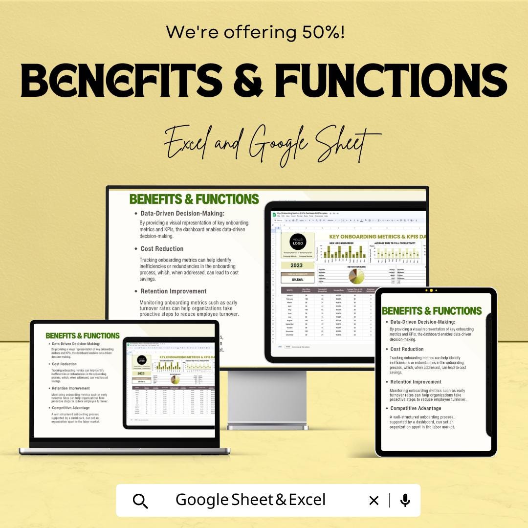 Key Onboarding Metrics & KPIs Dashboard HR Sheet | Excel and Google Sheets Template | Employee Onboarding Tracking Tool