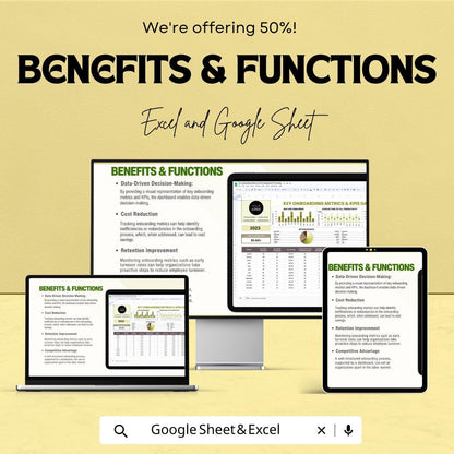 Key Onboarding Metrics & KPIs Dashboard HR Sheet | Excel and Google Sheets Template | Employee Onboarding Tracking Tool