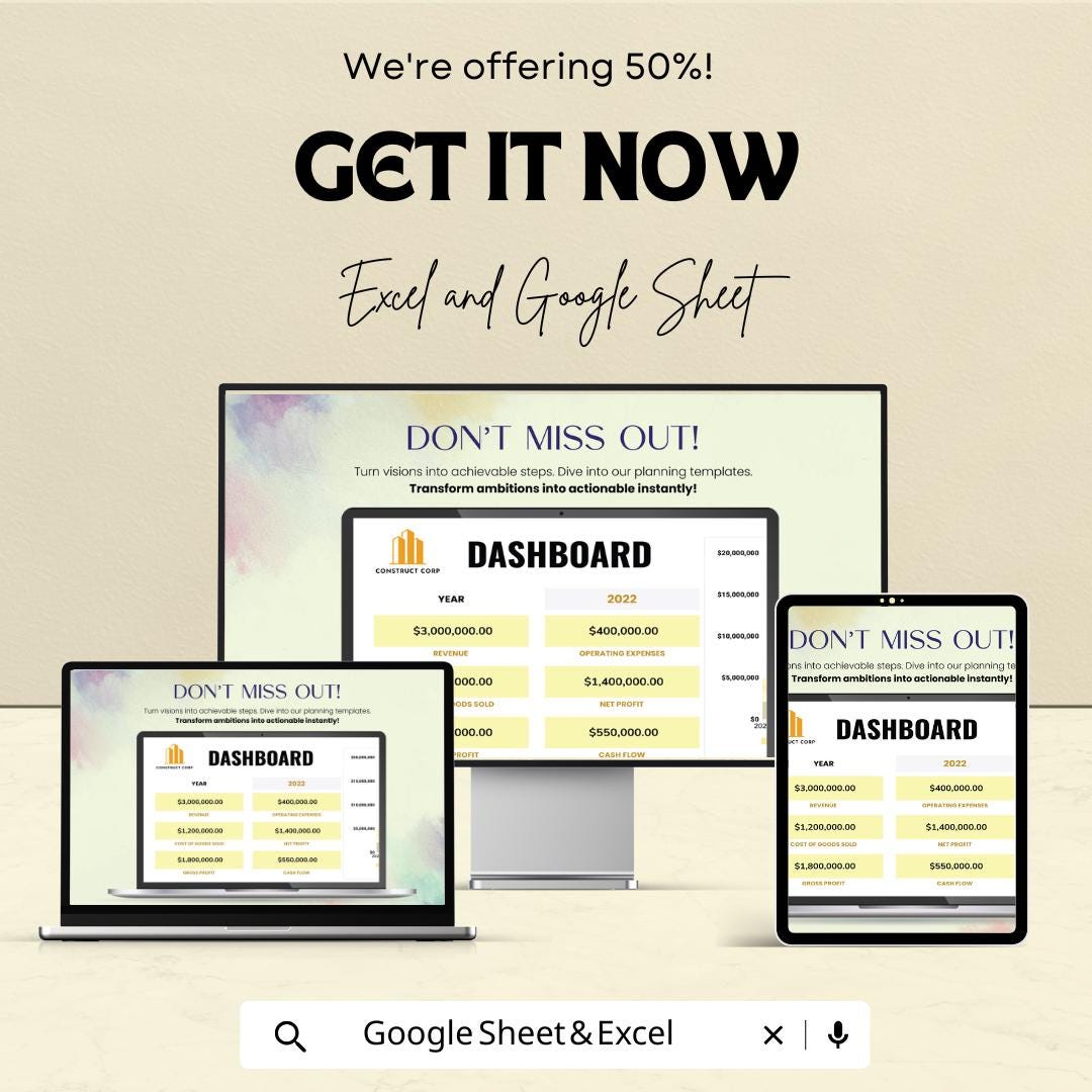 Construction Financial Plan Template | Dashboard Budget Forecast | Excel and Google Sheets | Construction Revenue Expense Cash Flow Planner