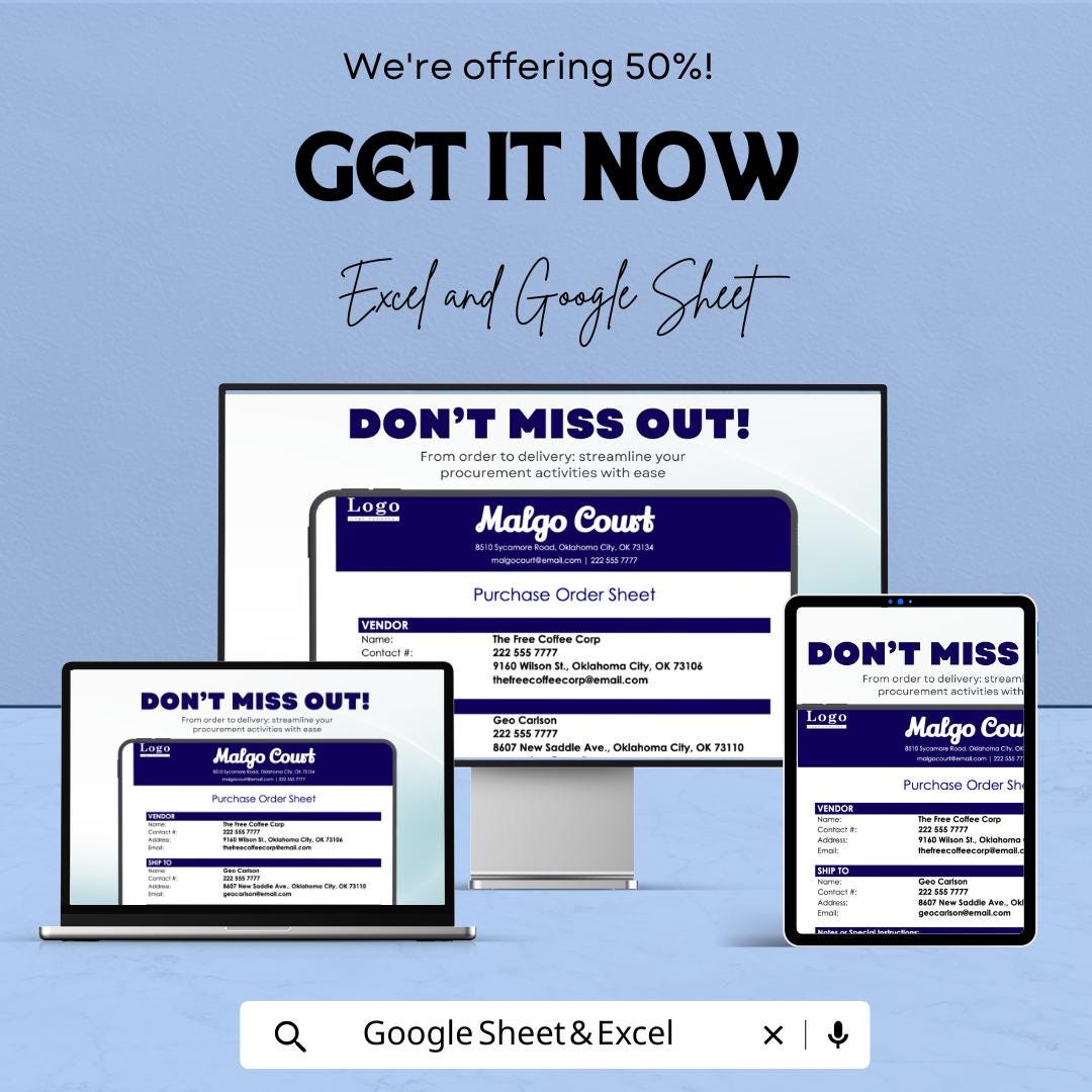 Purchase Order Sheet Template | Editable Purchase Order Form | Business Procurement Tracker | Printable Vendor Order Sheet