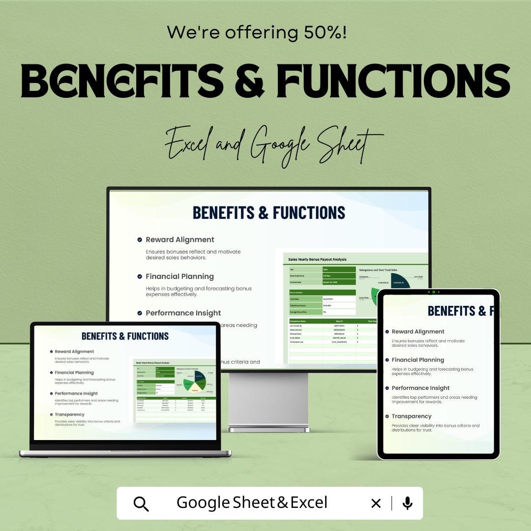 Sales Yearly Bonus payout Analysis Template | Bonus Tracking Spreadsheet | Sales Compensation Report | Google Sheets | Year-End Bonus