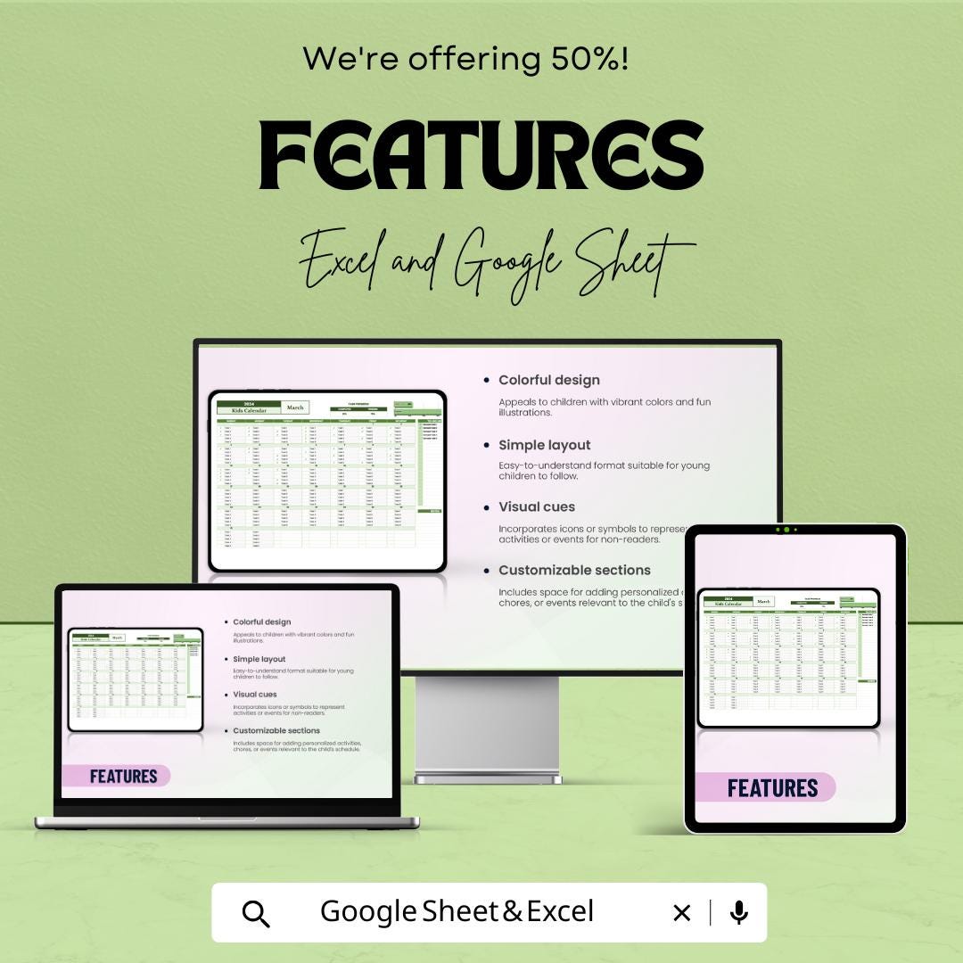 Kids Calendar Template | 2025 Calendar Sheet for Kids | Excel & Google Sheets | Customizable Kids Planner | Activity Tracker