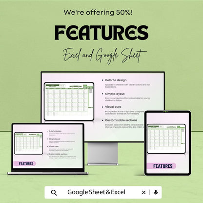 Kids Calendar Template | 2025 Calendar Sheet for Kids | Excel & Google Sheets | Customizable Kids Planner | Activity Tracker