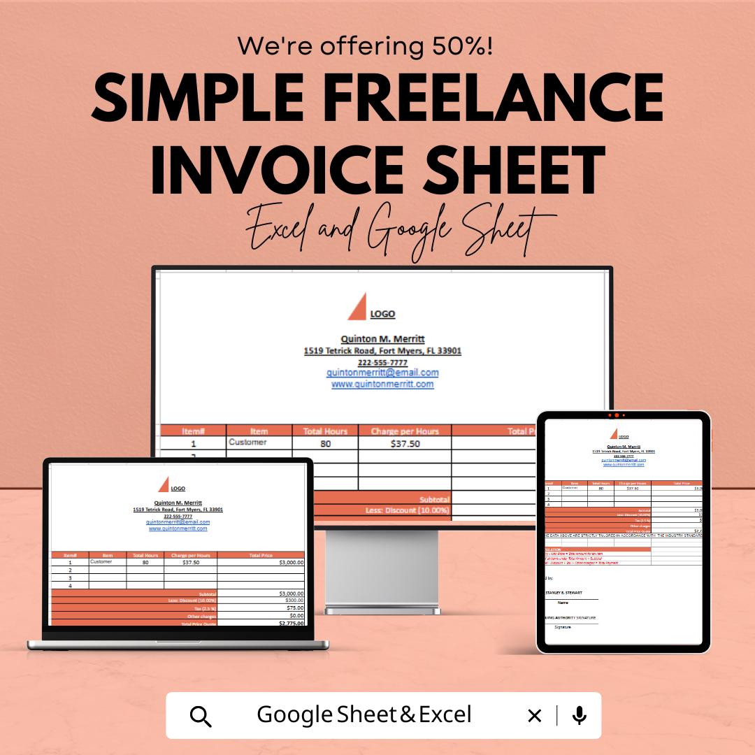 Simple Freelance Invoice Template - Excel & Google Sheets - Easy-to-Use, Customizable Invoice for Freelancers
