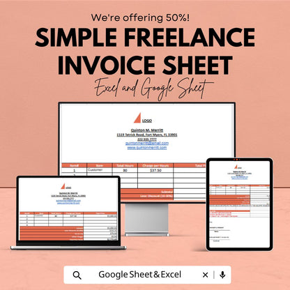 Simple Freelance Invoice Template - Excel & Google Sheets - Easy-to-Use, Customizable Invoice for Freelancers