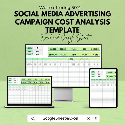 Social Media Advertising Campaign Cost Analysis Template | Ad Spend Tracker Spreadsheet | ROI & Performance Analysis