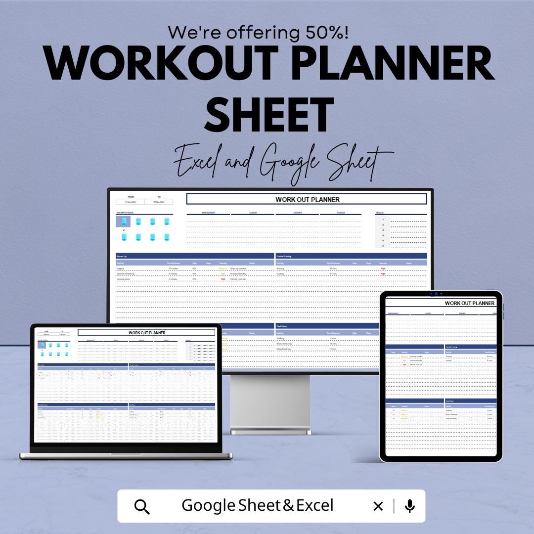 Workout Planner Sheet - Fitness Tracker for Exercise, Goal Setting, and Progress Tracking in Excel & Google Sheets