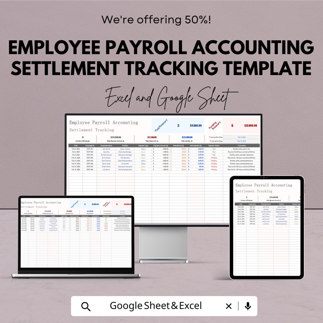 Employee Payroll Accounting Settlement Tracking Template | Automated Calculations, Payment Status Tracker, Employee Salary Management
