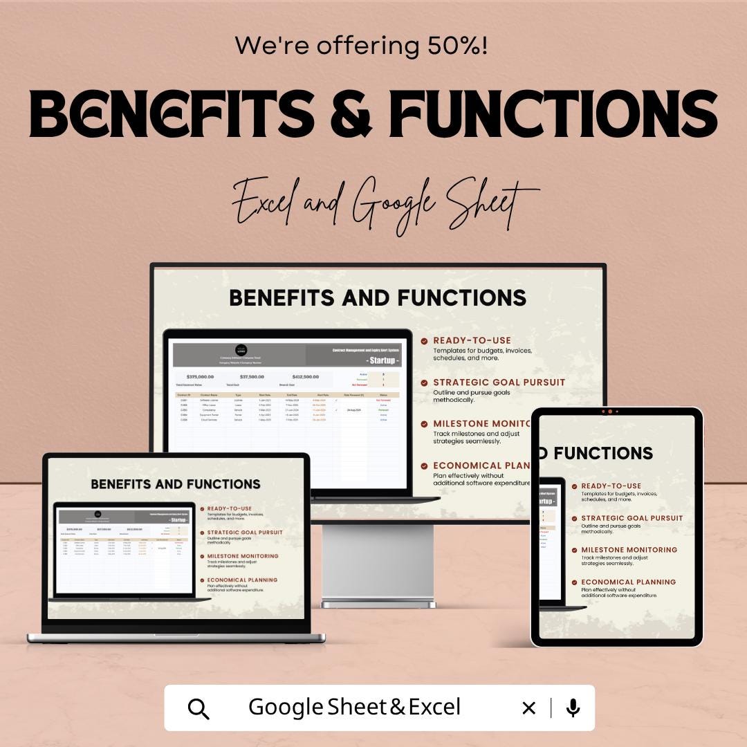 Startup Contract Management Template | Contract Tracker Spreadsheet | Expiry Alert System | Contract Management System |