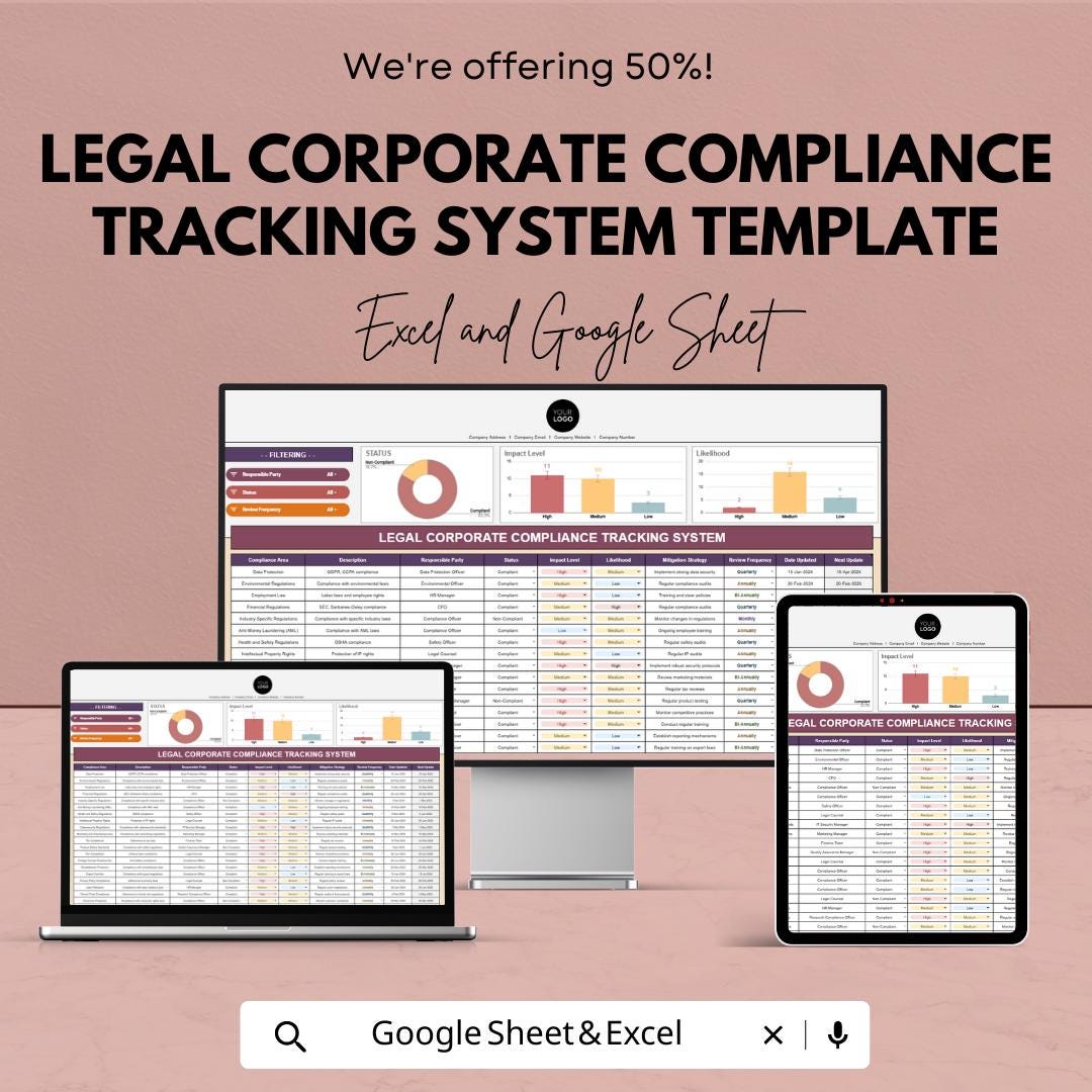 Legal Corporate Compliance Tracking System Template, Law Firm Compliance Tracker, Compliance Log Spreadsheet