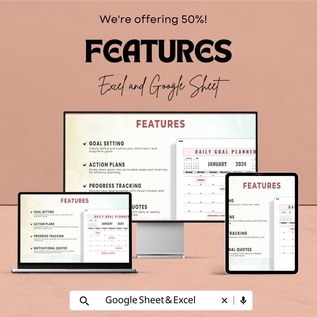 Daily Goal Planner Sheet - Google Sheet Template | Achieve Your Goals with Ease | Personal & Professional Planning Tool | 2024 Calendar