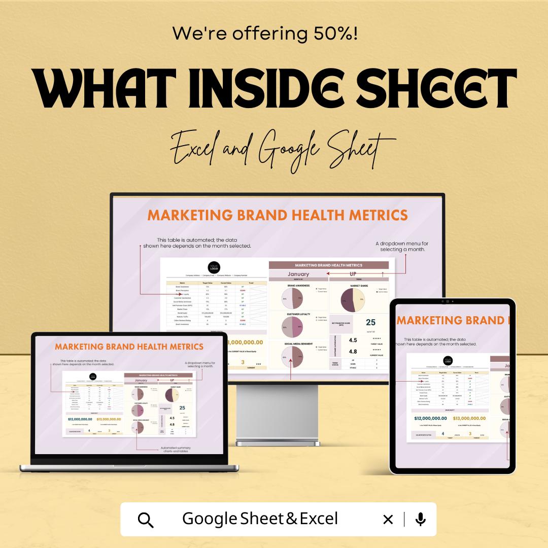 Marketing Brand Health Metrics Sheet - Excel and Google Sheets Template | Track Brand Awareness, Loyalty & Social Media Sentiment