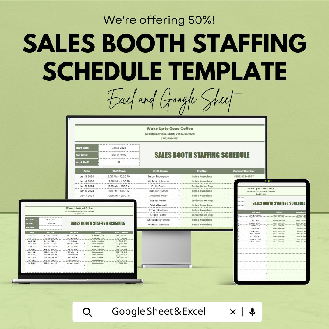 Sales Booth Staffing Schedule Template | Event Staff Planner | Trade Show Staffing Schedule | Excel & Google Sheets