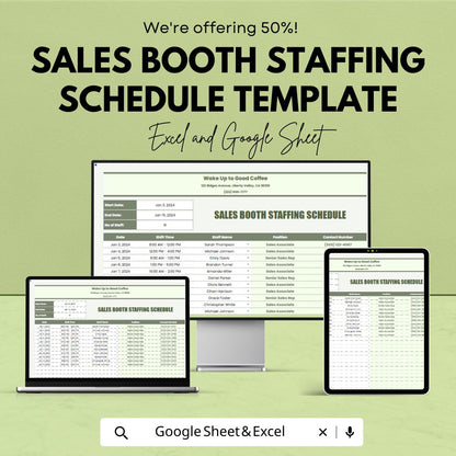 Sales Booth Staffing Schedule Template | Event Staff Planner | Trade Show Staffing Schedule | Excel & Google Sheets