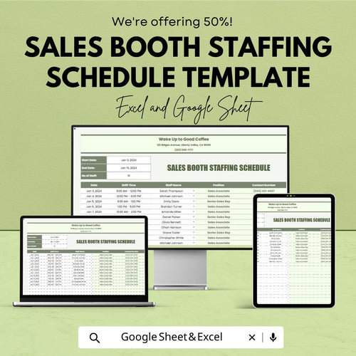 Sales Booth Staffing Schedule Template | Event Staff Planner | Trade Show Staffing Schedule | Excel & Google Sheets