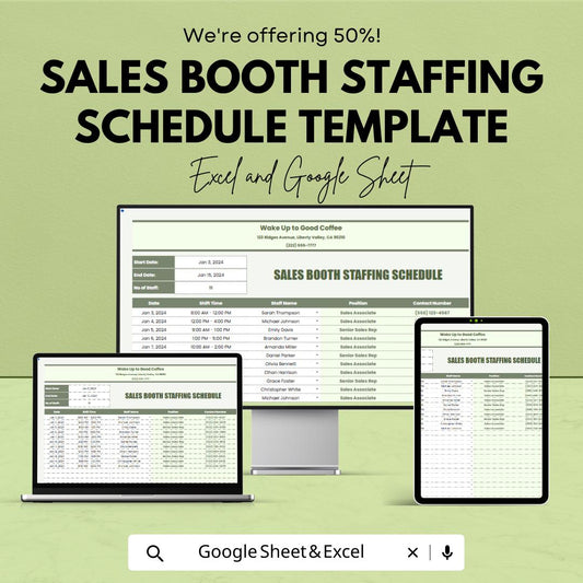 Sales Booth Staffing Schedule Template | Event Staff Planner | Trade Show Staffing Schedule | Excel & Google Sheets