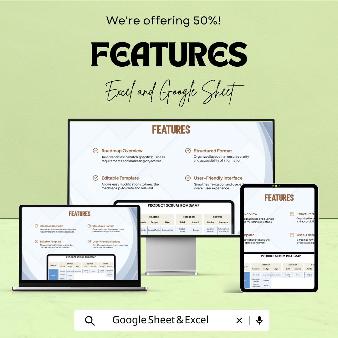 Product Scrum Roadmap Sheet - Excel & Google Sheets Template for Product Management, Scrum Planning, and Project Tracking