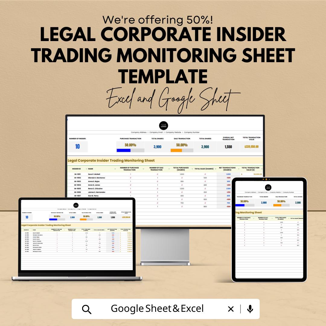 Insider Trading Tracker, Corporate Compliance Monitoring Sheet, Legal Insider Transaction Log, Excel & Google Sheets Compliance Template
