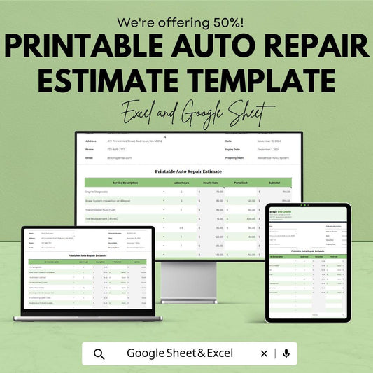 Printable Auto Repair Estimate Template | Garage Repair Quote Spreadsheet | Mechanic Service Estimate Form | Auto Shop Invoice Tracker |