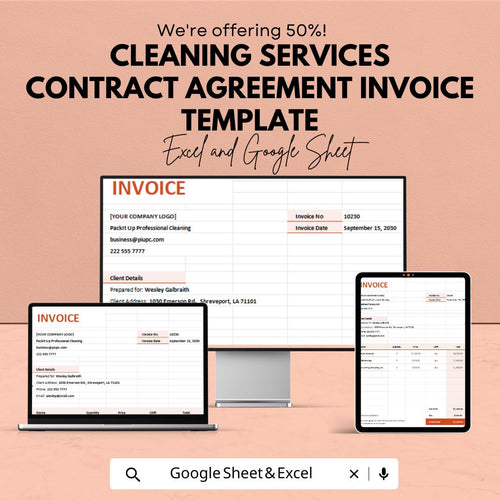 Cleaning Services Contract Agreement Invoice Template | Cleaning Business Invoice | Service Contract Form | Printable Invoice Template