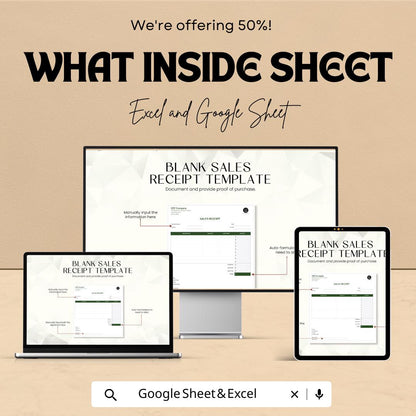 Blank Sales Receipt Sheet - Excel & Google Sheets Template | Easy-to-Use Invoice and Payment Tracker | 50% Off