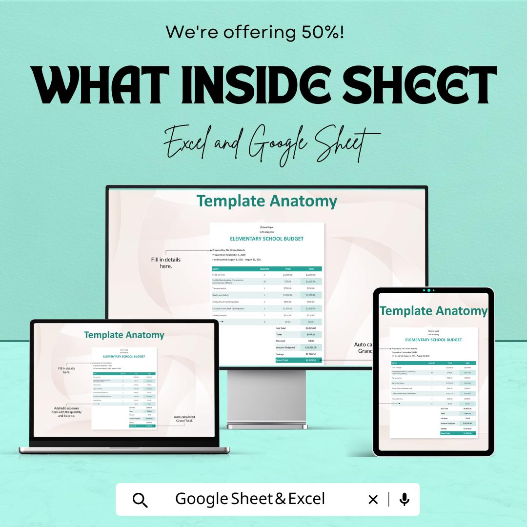 Sample Elementary School Budget Sheet - Excel and Google Sheets Template | Track School Expenses & Financials | 50% Off